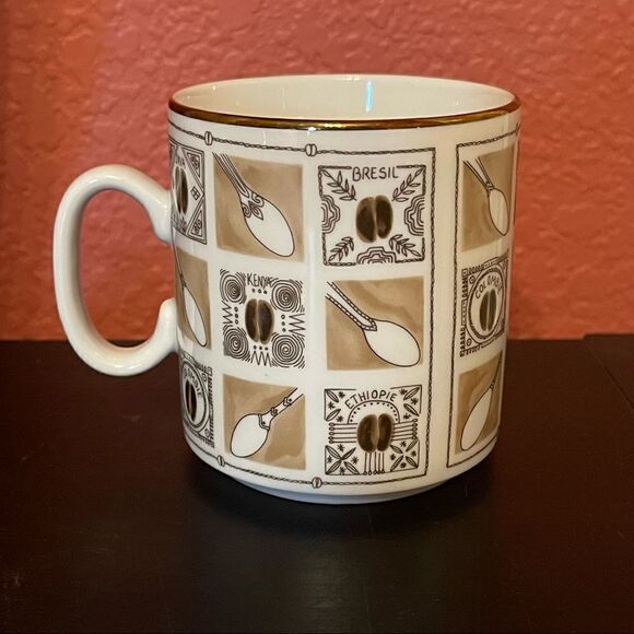 World Coffee Bean Spoon Pattern France Porcelain Gold Rim Coffee Mugs - Picture 7 of 12